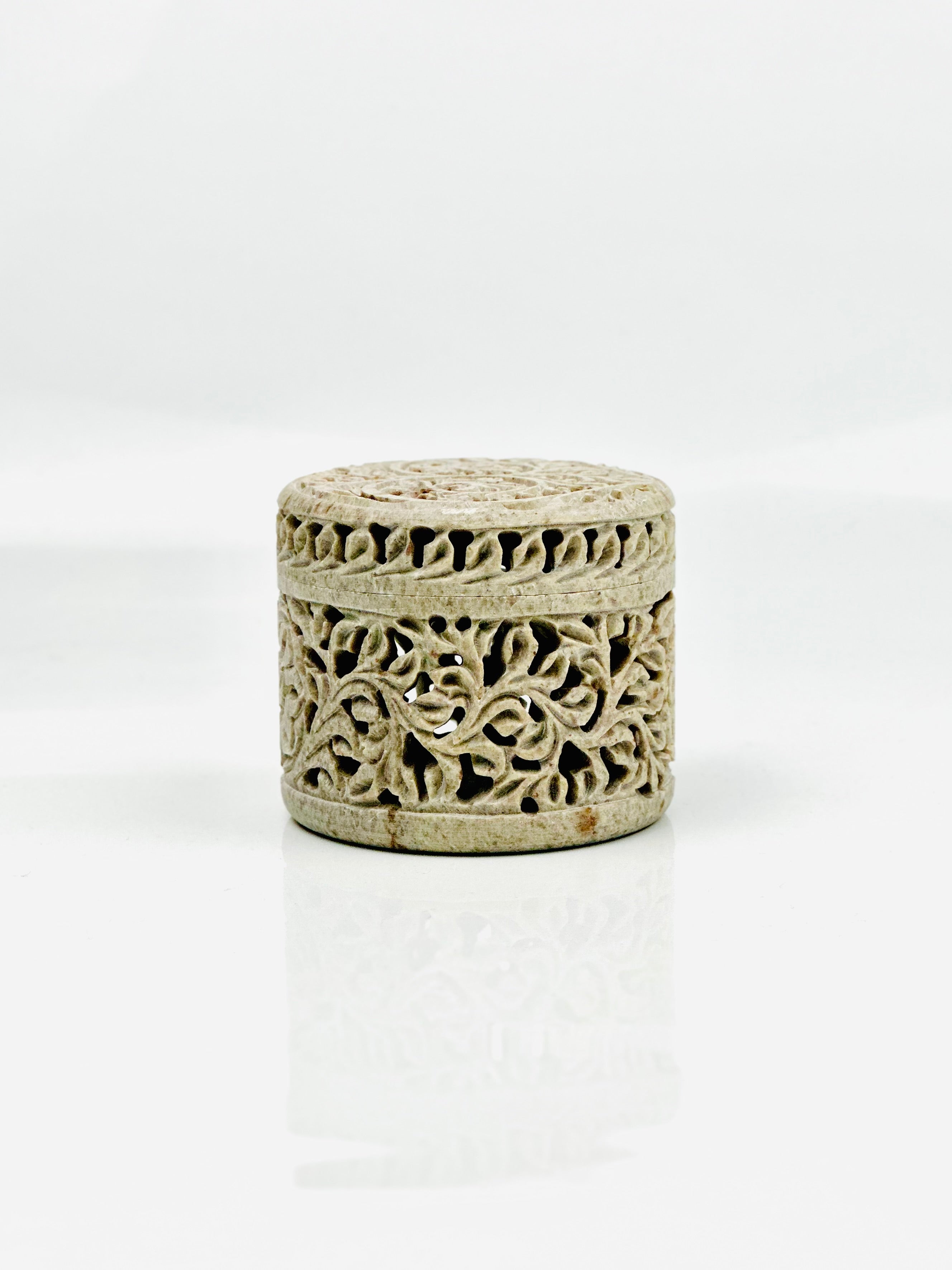 Flora Whisper Hand-Carved Soapstone Box - 2.5"H x 2.8"D - Tejo