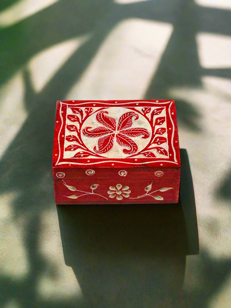 Scarlet Flower Hand-Carved Soapstone Box - 4"L x 3"B x 1.5"H - Tejo