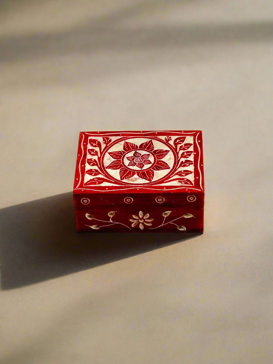 Scarlet Lotus Blossom Hand-Carved Soapstone Box - 4"L x 3"B x 1.5"H - Tejo