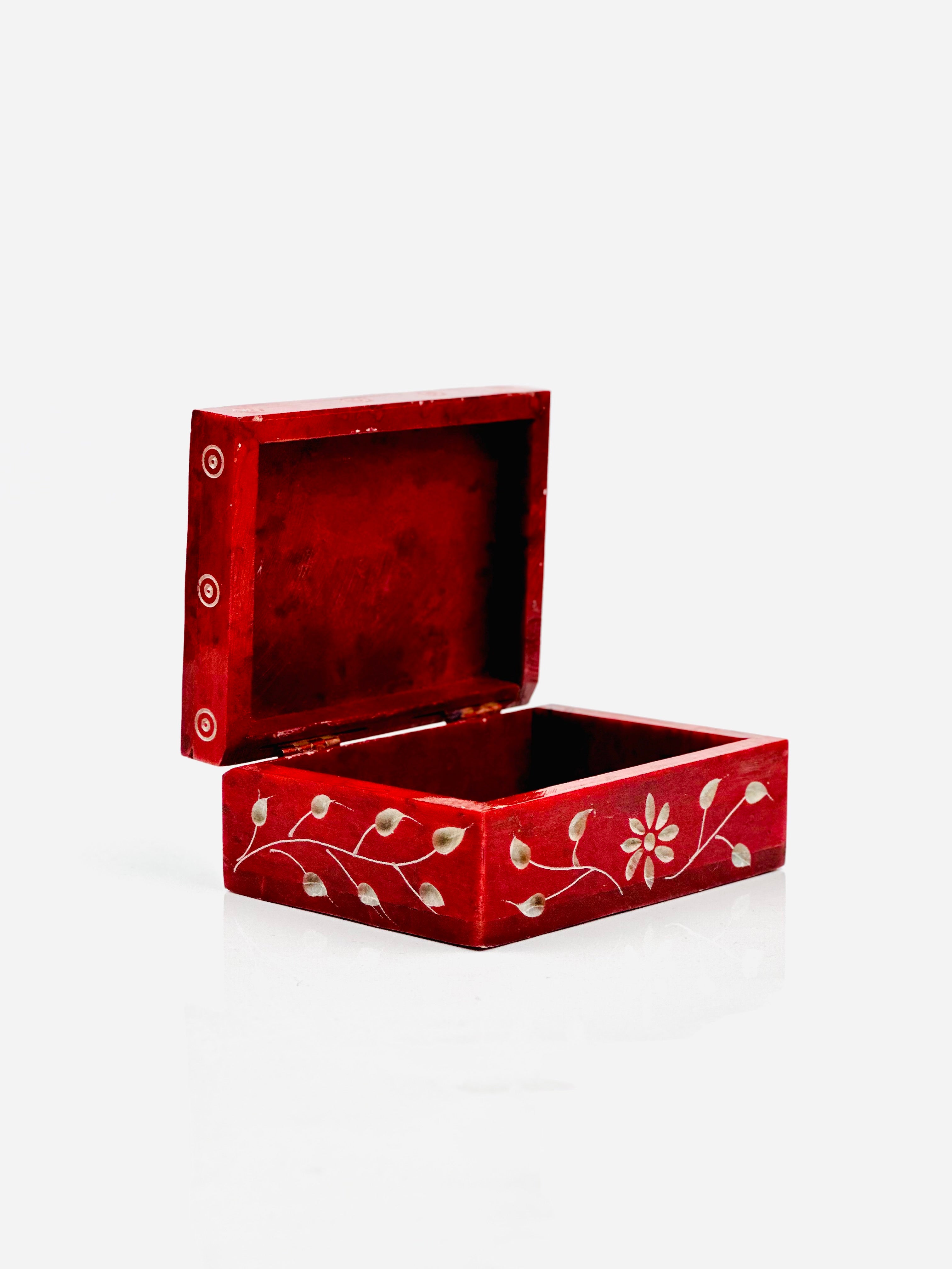 Scarlet Lotus Blossom Hand-Carved Soapstone Box - 4"L x 3"B x 1.5"H - Tejo