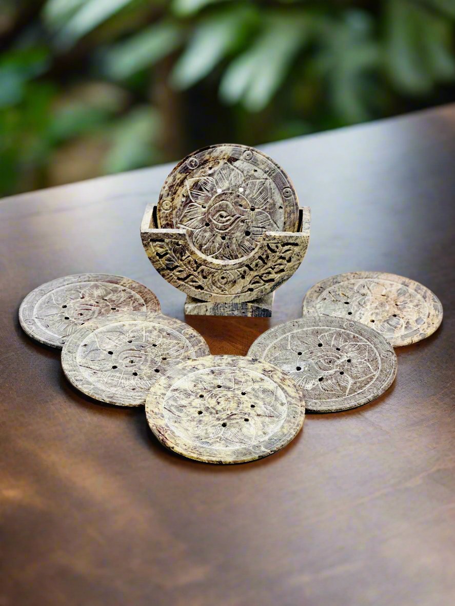 Jungle Flora Hand Carved Soapstone Coasters 4"L x 1.7"B x 4"H - Tejo