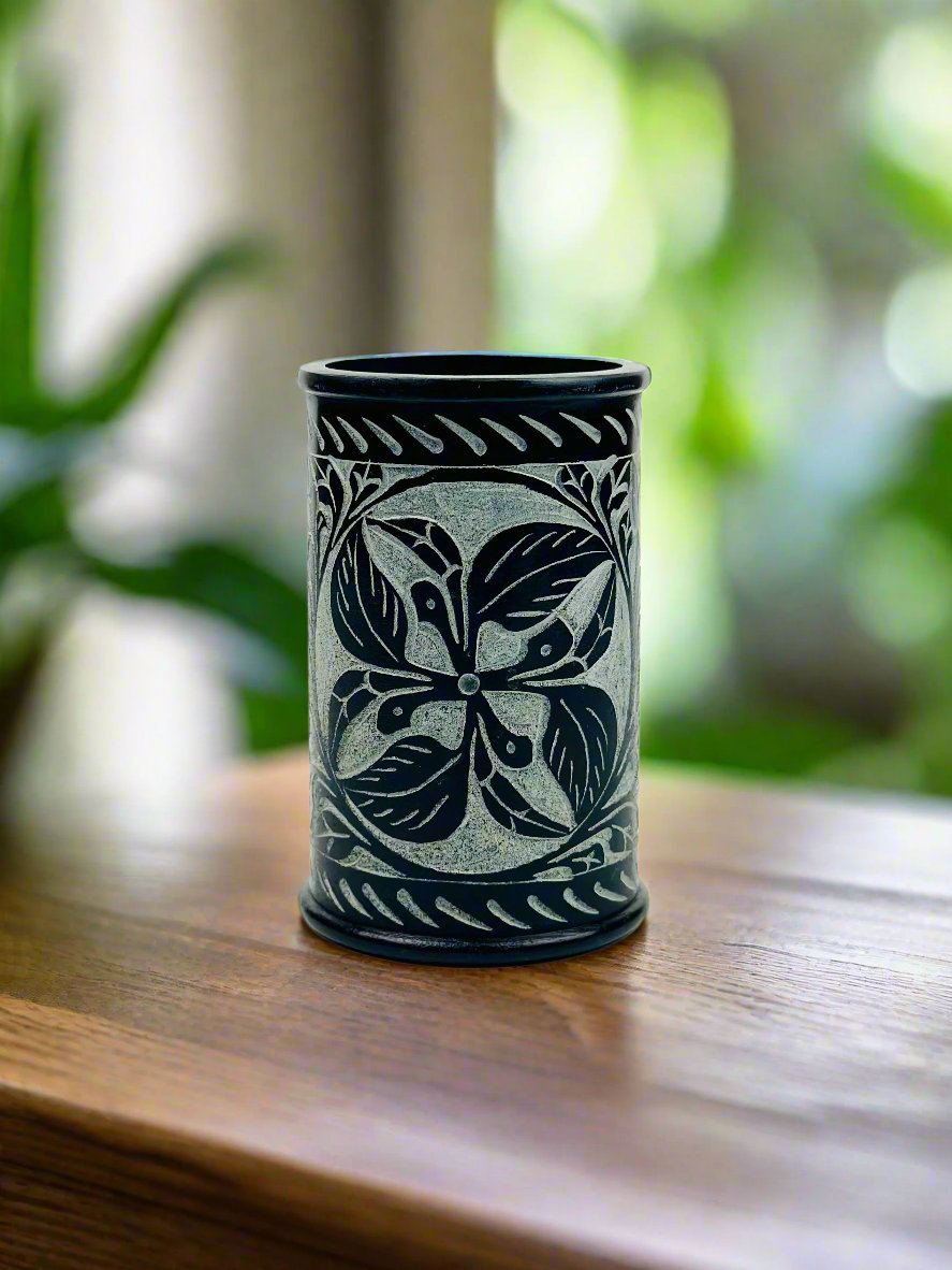 Midnight Flower Hand-Carved Soapstone Holder – 3.8"H x 2.3"BD x 2.2"TD - Tejo