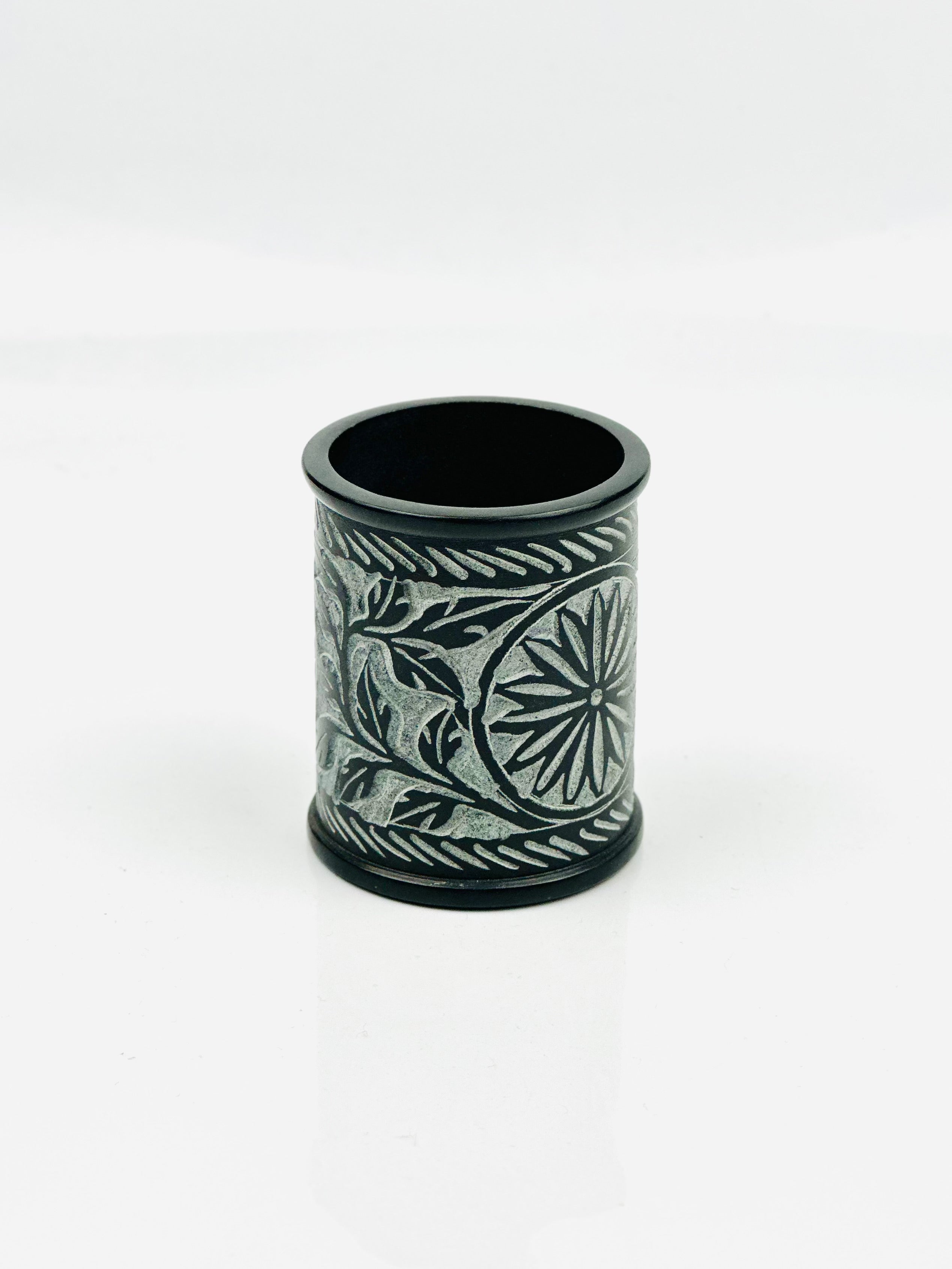 Hand Carved Midnight Bloom Daisy Soapstone Holder – 3"H x 2.4"BD x 2.4"TD - Tejo