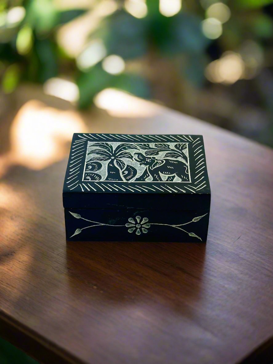 Noir Elephant Hand Carved Soapstone Box – 4"L x 3"B x 1.8"H - Tejo