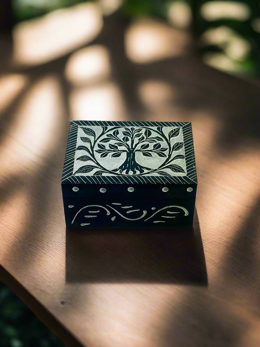 Noir Tree of Life Hand Carved Soapstone Box – 4"L x 3"B x 1.8"H - Tejo