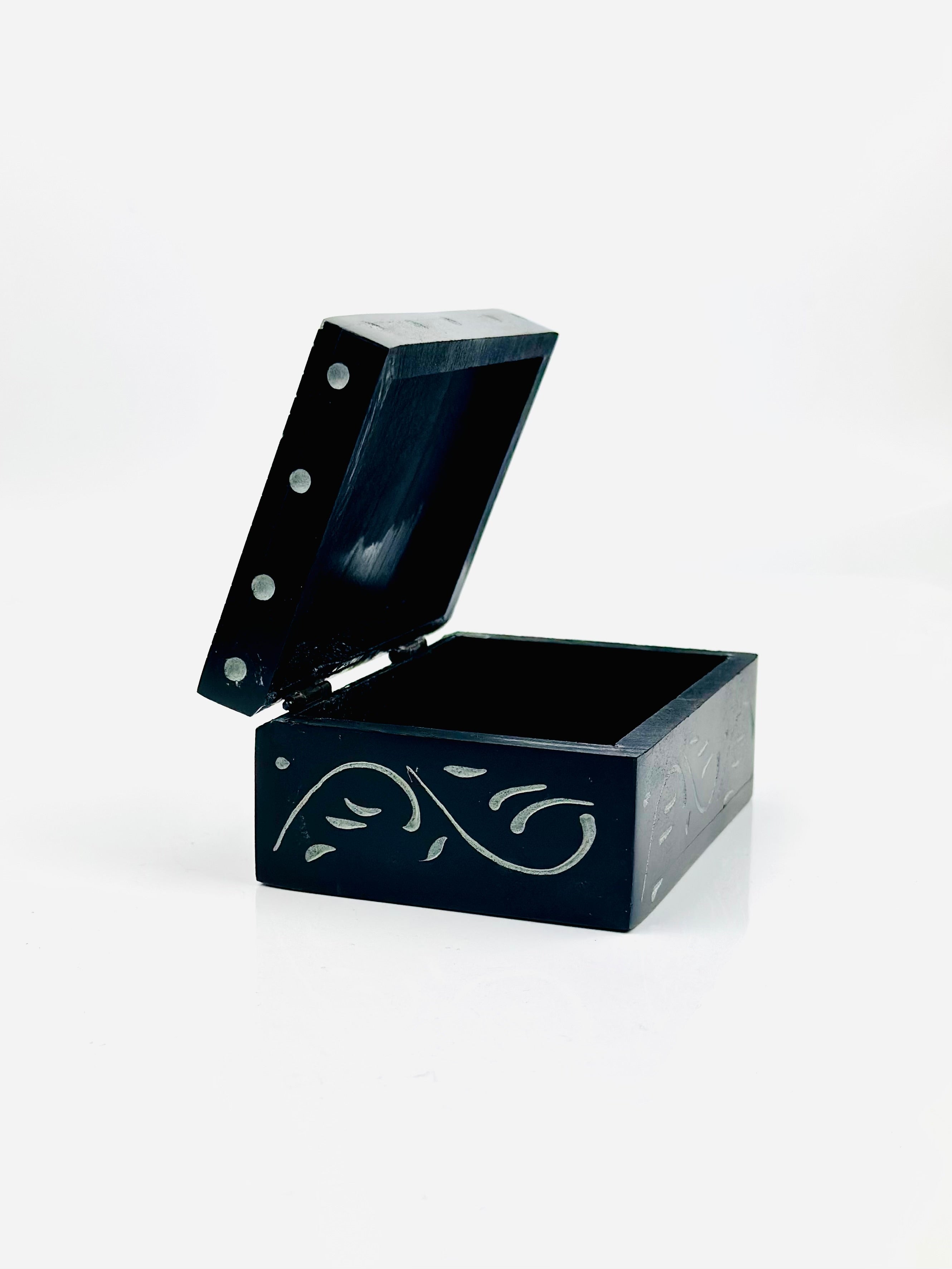 Noir Tree of Life Hand Carved Soapstone Box – 4"L x 3"B x 1.8"H - Tejo