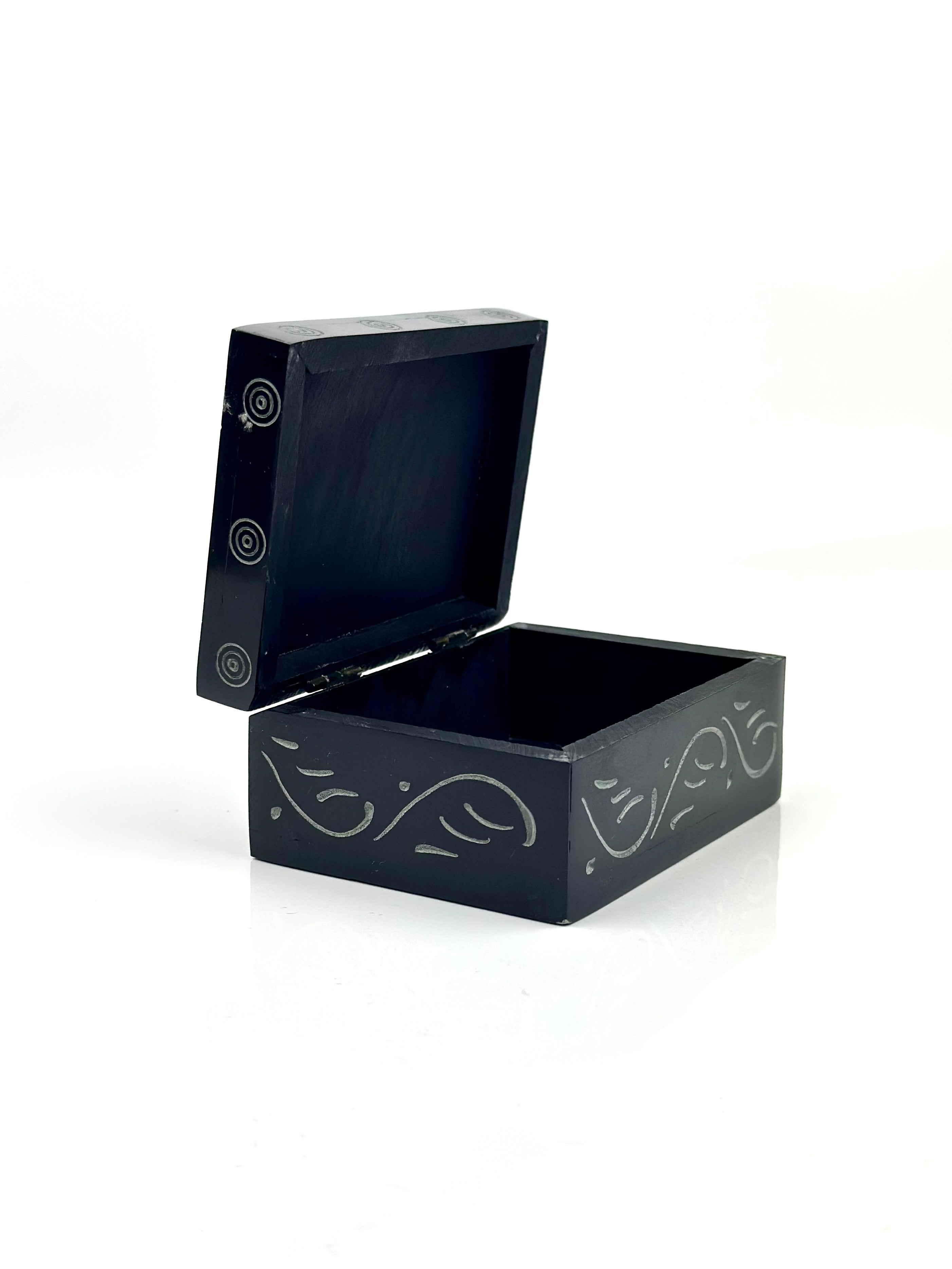 Noir Leaf Hand Carved Soapstone Box – 4"L x 3"B x 1.8"H - Tejo