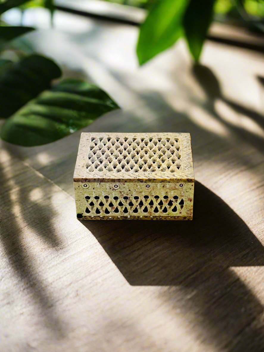 Safari Lattice Carving Hand-Carved Soapstone Box - 4"L x 3"B x 1.5"H - Tejo