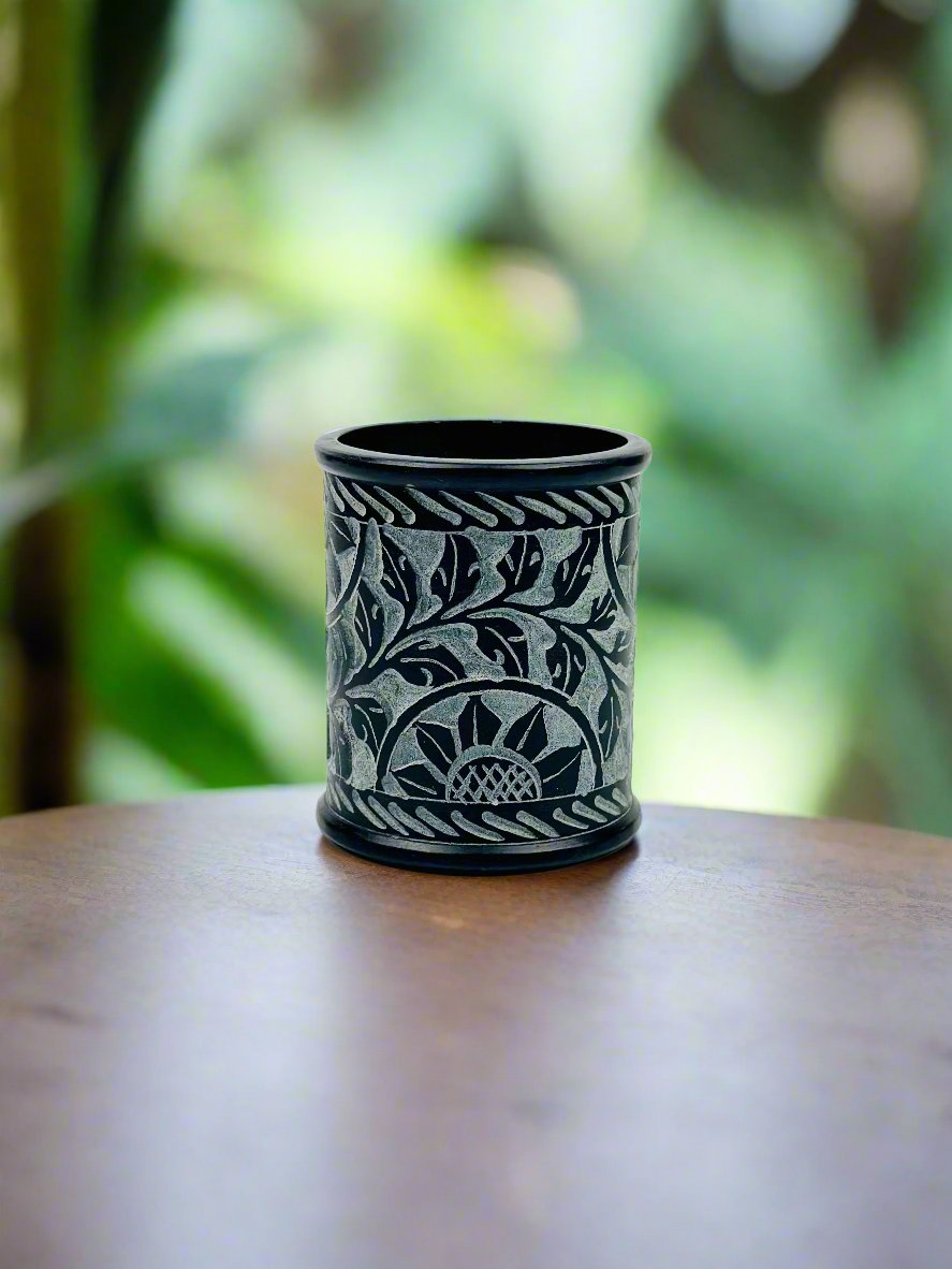 Midnight Bloom Sunflower Hand Carved Soapstone Holder – 3"H x 2.4"BD x 2.4"TD - Tejo