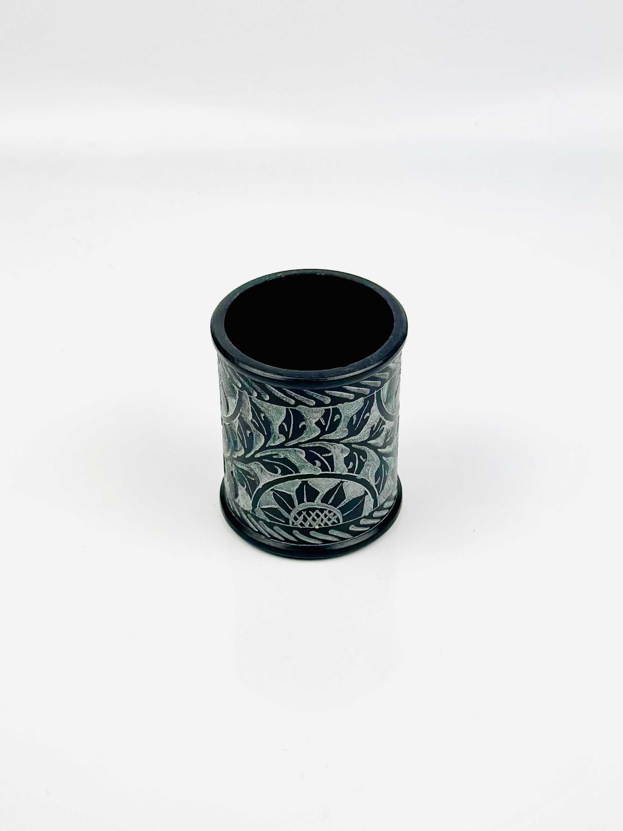 Midnight Bloom Sunflower Hand Carved Soapstone Holder – 3"H x 2.4"BD x 2.4"TD - Tejo
