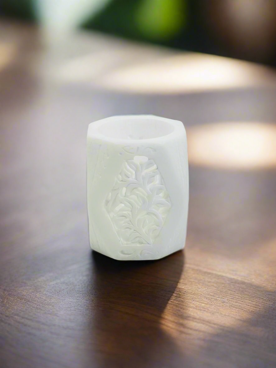 Snow Floral Hand-Carved Marble Holder – 3"H x 2.2"BD x 2.2"TD - Tejo
