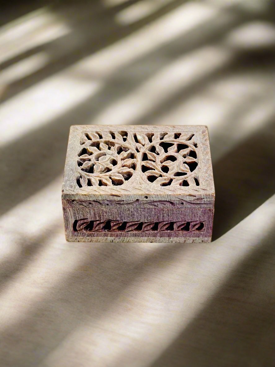 Safari Flower Carving Hand-Carved Soapstone Box - 4"L x 3"B x 1.5"H - Tejo