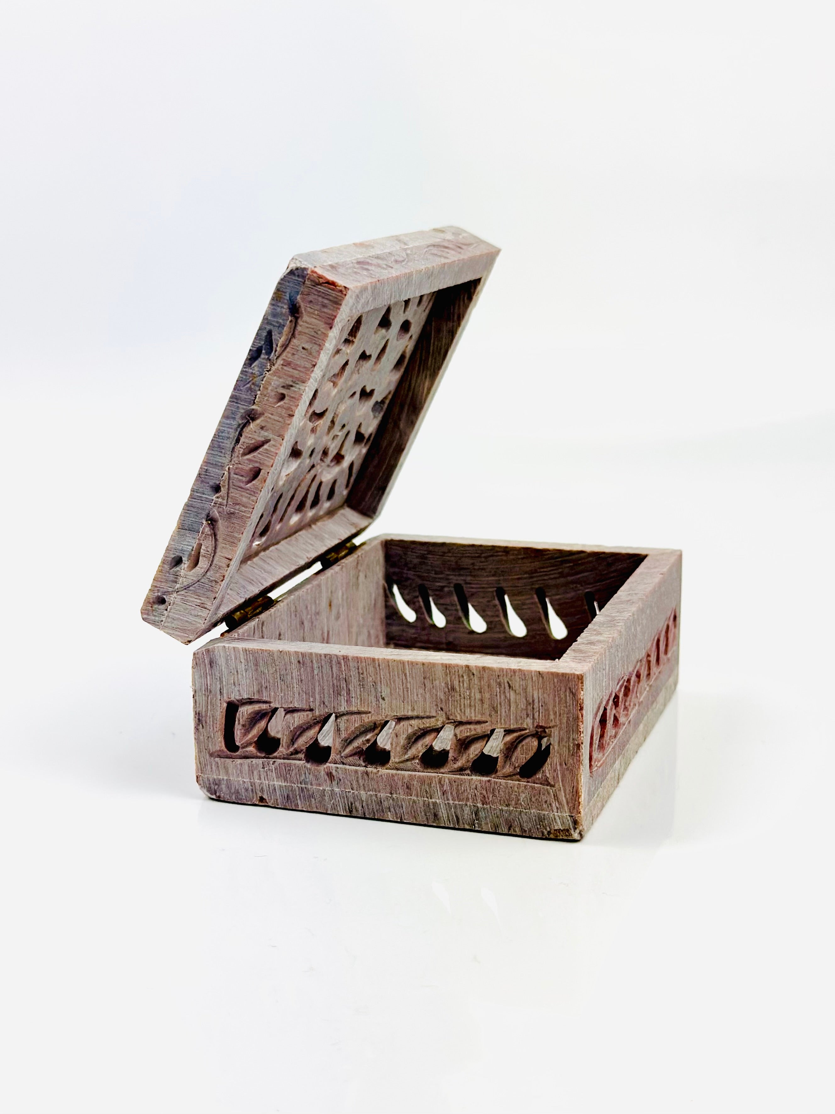 Safari Flower Carving Hand-Carved Soapstone Box - 4"L x 3"B x 1.5"H - Tejo