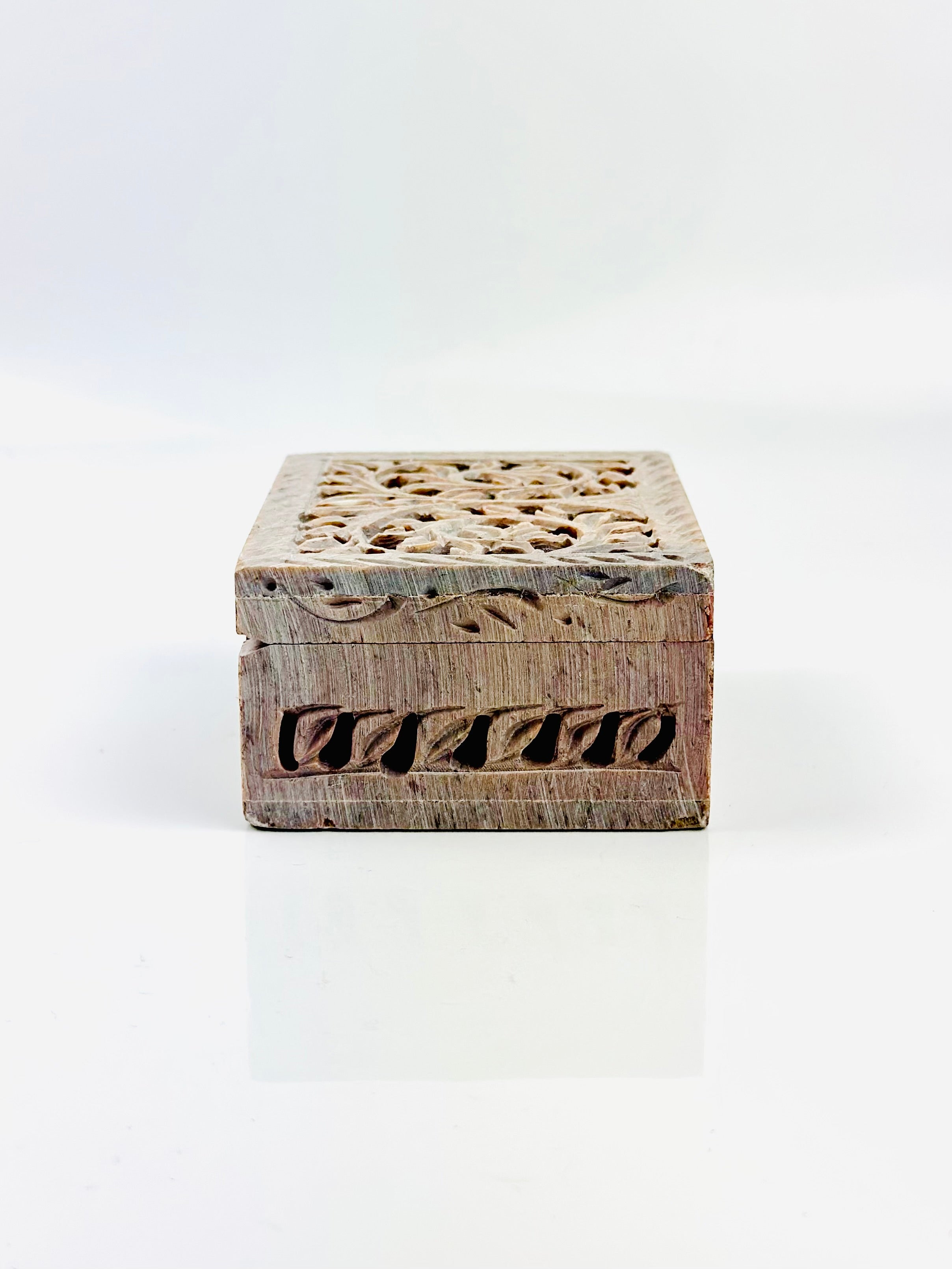 Safari Flower Carving Hand-Carved Soapstone Box - 4"L x 3"B x 1.5"H - Tejo