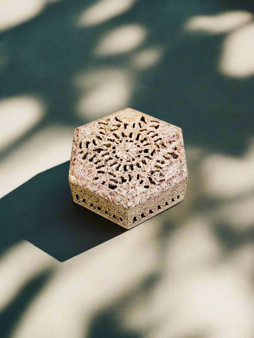 Hexabloom Hand-Carved Marble Box - 5.5"L x 5"B x 2"H - Tejo