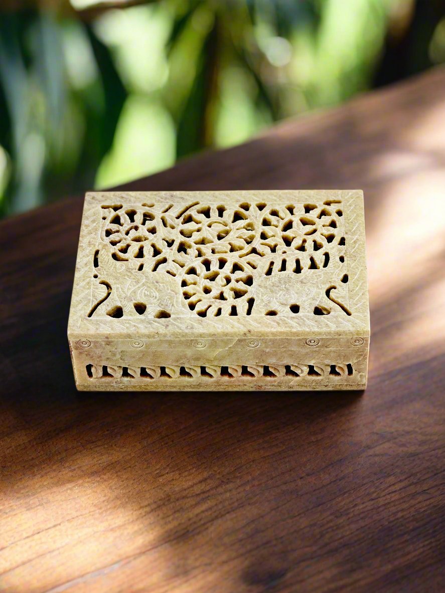Sonata Elephant Hand-Carved Soapstone Box - 6"L x 4"B x 1.5"H - Tejo