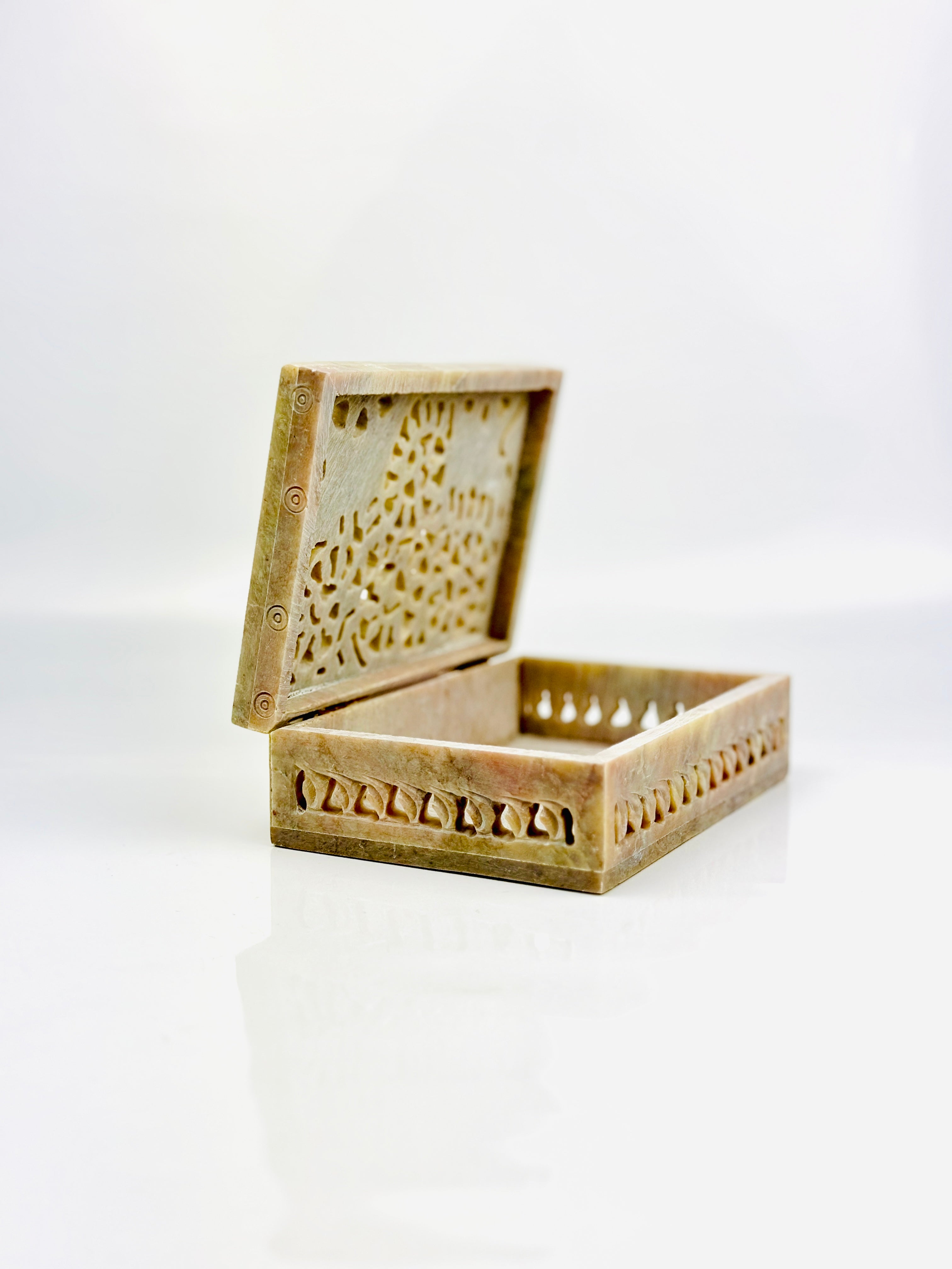 Sonata Elephant Hand-Carved Soapstone Box - 6"L x 4"B x 1.5"H - Tejo