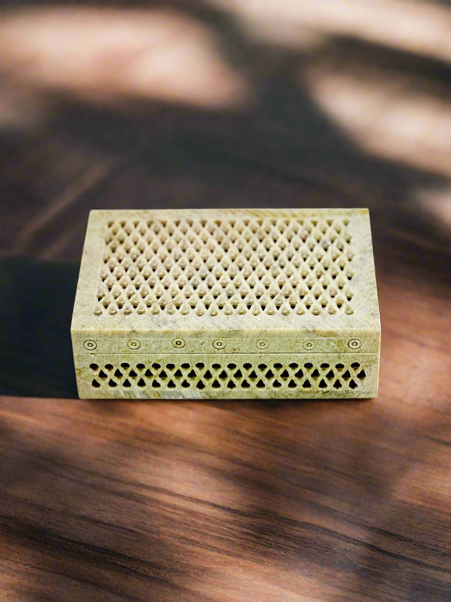 Sonata Lattice Hand-Carved Soapstone Box - 6"L x 4"B x 1.5"H - Tejo